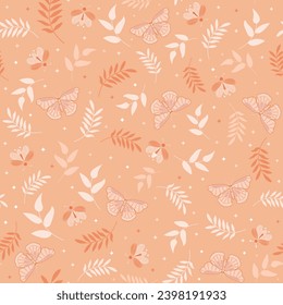 butterfly firefly seamless pattern. peach fuzz botanical background. good for fabric, fashion design, wallpaper, summer dress, pajama, textile, backdrop.