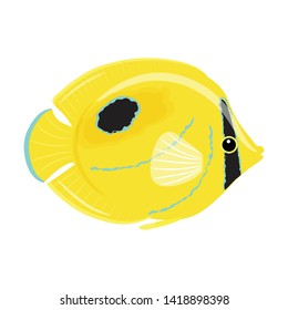 Butterfly fish on white background. Cartoon. Bennett butterfly fish.Tropical aquarium fish.