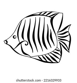 Butterfly fish one line drawing. Coral reef  fish. Black and white linear drawing. calligraphy image.