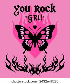 Butterfly and flames on a pink background with a hand-drawn "you rock, girl" inscription.