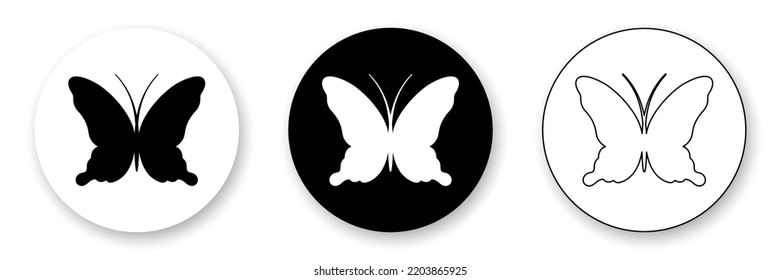 Butterfly flat icons collection. Set of three variants in black and white colors. Best for print, polygraphy, logo creating, mobile apps, web and UI design.