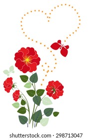 Butterfly flies over the roses. A trace of the flight in the form of heart.