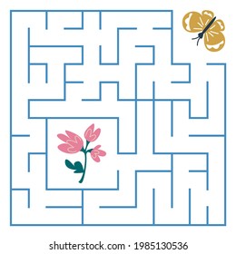 A butterfly flies to a pink flower through a maze game. Square labyrinth. Maze for children task. The development of preschoolers. Vector illustration in cartoon boho style