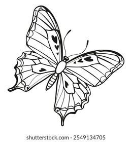 Ilustración vectorial de silueta de moscas mariposa. Dibujo negro de la mariposa aislado sobre fondo blanco.