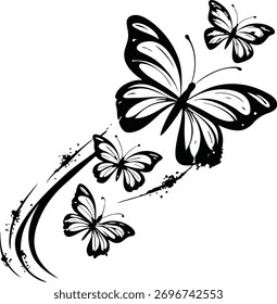 Elemento de design de voo borboleta com silhuetas voadoras abstratas. A ilustração decorativa apresenta borboletas pretas e brancas em movimento. Gráfico vetorial artístico.
