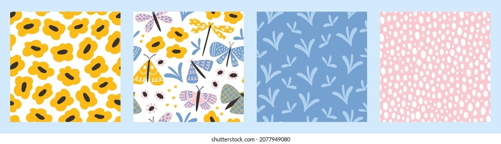 Colección de patrones sin soldadura de mariposa, floral y punto. Los insectos dibujados a mano con doodle en tonos pastel de moda. Dulces y divertidas impresiones escandinavas para niños textiles. Delicada y de diseño.