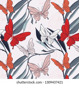 Butterfly floral fabric background. Nature contrast spring pattern. Modern botanical paper wrap, colorful collection