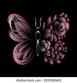 butterfly floral folk style beautiful flowers rose pink grey gradient