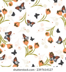 Butterfly and Floral Intricate Meadow Vector Pattern can be use for background and apparel design