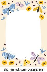 Butterfly floral letter frame. Cute pastel border with butterflies, flowers and leaves for kids party invitation, wedding templates. Soft organic hand drawn shapes, trendy colors.