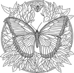 Butterfly With Floral Mandala Line Art, Coloring Book Page