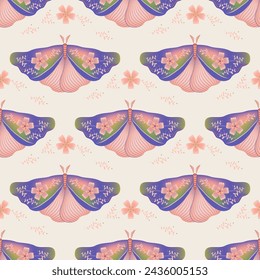 Butterfly with floral ornamebt on wings vector seamless pattern, folkloric textile print design. Spring ornament with fairy night moth insect. Folklore floral motif. Night insect repeat pattern.