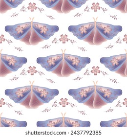 Butterfly with floral ornamebt on wings vector seamless pattern, folk art fabric print design. Summer ornament with night moth insect. Spring flowers on wings. Wildlife insect repeat pattern.