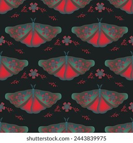 Butterfly with floral ornamebt on wings vector seamless pattern, swedish textile print design. Summer ornament with butterfly insect. Esoteric floral motif. Wrapping paper pattern.