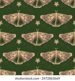 Butterfly with floral ornamebt on wings vector seamless pattern, hygge textile print design. Summer ornament with night moth insect. Folklore floral motif. Wrapping paper pattern.