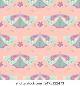 Butterfly with floral ornamebt on wings vector seamless pattern, norwegian print design. Summer ornament with night moth insect. Magical witchcraft motif. Wrapping paper pattern.
