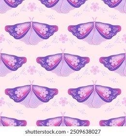 Butterfly with floral ornamebt on wings vector seamless pattern, folk art fabric print design. Spring ornament with fairy butterfly  insect. Romantic motif. Night insect repeat pattern.