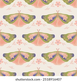 Butterfly with floral ornamebt on wings vector seamless pattern, rural fabric print design. Summer ornament with night moth insect. Magical witchcraft motif. Wildlife insect repeat pattern.