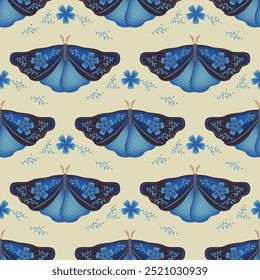 Butterfly with floral ornamebt on wings vector seamless pattern, rural fabric print design. Spring ornament with fairy butterfly  insect. Occult animal print. Night insect repeat pattern.