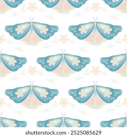 Butterfly with floral ornamebt on wings vector seamless pattern, whimsical textile print design. Spring ornament with fairy night moth insect. Spring flowers on wings. Wrapping paper pattern.