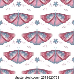 Butterfly with floral ornamebt on wings vector seamless pattern, nordic clothes print design. Spring ornament with fairy butterfly  insect. Magic motif. Wrapping paper pattern.