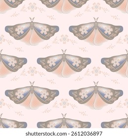 Butterfly with floral ornamebt on wings vector seamless pattern, whimsical textile print design. Summer ornament with butterfly insect. Esoteric floral motif. Wrapping paper pattern.