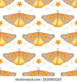 Butterfly with floral ornamebt on wings vector seamless pattern, nordic clothes print design. Summer ornament with night moth insect. Romantic motif. Wildlife insect repeat pattern.