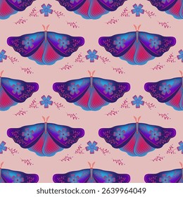 Butterfly with floral ornamebt on wings vector seamless pattern, nordic clothes print design. Spring ornament with fairy butterfly  insect. Spring flowers on wings. Night insect repeat pattern.