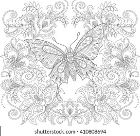 Butterfly and floral ornament. Adult antistress coloring page. Black and white hand drawn doodle for coloring book