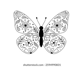 Butterfly with floral ornament isolated vector illustration. Whimsical insect. Black outline butterfly with abstract botanical decor on wings. Monochrome hand drawn doodle elements flowers, leaves.