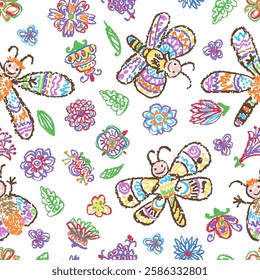 Butterfly floral seamless pattern. Fantastic doodle background crazy flying insect and flower. Crayon like kid`s hand drawn colorful bright funny cartoon art. Pastel chalk or pencil vector