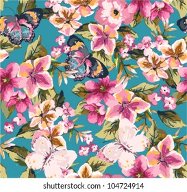 butterfly with floral seamless pattern on blue background