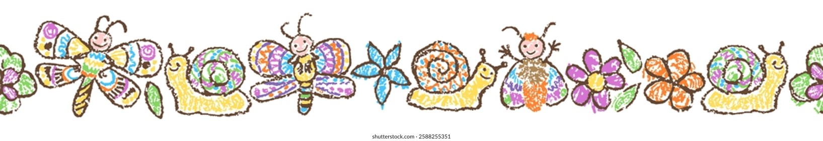 Butterfly floral snail seamless border or frame. Fantastic doodle pattern crazy flying insect and flower. Crayon like kid`s hand drawn colorful funny cartoon background. Pastel chalk or pencil vector