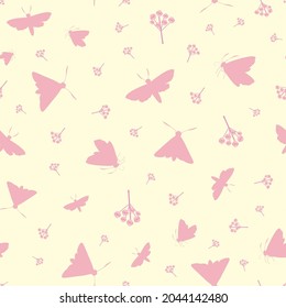 Butterfly floral vector seamless pattern background. Backdrop with varied silhouettes of butterflies and flower stems. Duotone pink  yellow repeat. Flying bugs botanical design for wellness, baby