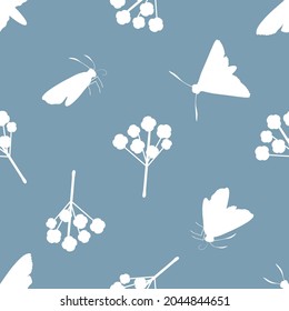 Butterfly floral vector seamless pattern background. Backdrop with varied silhouettes of butterflies and flower stems. Duotone delft blue white repeat.Flying bugs, plants design for wellness, baby..