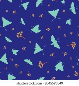 Butterfly floral vector seamless pattern background. Backdrop with varied silhouettes of butterflies and flower stems. Indigo blue orange repeat. Flying bugs plant botanical design for summer