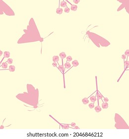 Butterfly floral vector seamless pattern background. Backdrop with varied silhouettes of butterflies and flower stems. Duotone pink pastel yellow repeat.Flying bugs, plants design for wellness, baby.