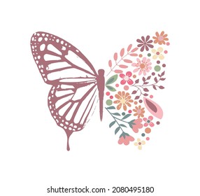 Butterfly with Floral Wing, Vector Design for Fashion and Poster Prints, Cute Flowers, T Shirt, Poster, Wall Art, Sticker, Phone Case, Napkin