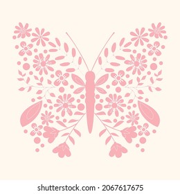 Butterfly with Floral Wings Vector Design for Fashion and Poster Prints, Shirt, T Shirt, Poster, Wall Art, Sticker, Phone Case, Ornament, Towel, Bag, Pink Butterfly