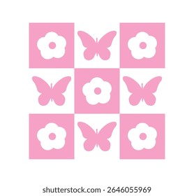 butterfly, flower, abstract cute pattern of pink daisies. trendy plaid, cute graphic in modern style. for print, advertising, wrapping paper, web, social media. vector art illustration. naive design