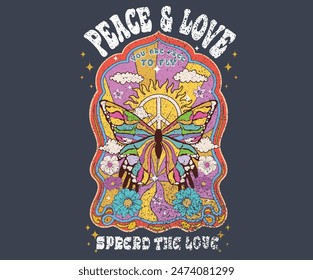 Butterfly with flower artwork for t shirt print, poster, sticker, background and other uses.  Peace and love.  Spring flower. Rainbow butterfly artwork. 