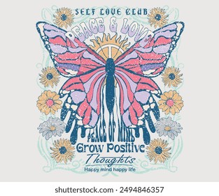 Butterfly with flower artwork for t shirt print, poster, sticker, background and other uses. Spring flower. Rainbow butterfly artwork.	