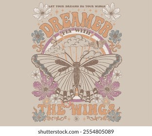 Butterfly with flower artwork for t shirt print, poster, sticker, background and other uses. Spring flower. Feel the power of dreams. dreamer fly with the wings. Stay positive.