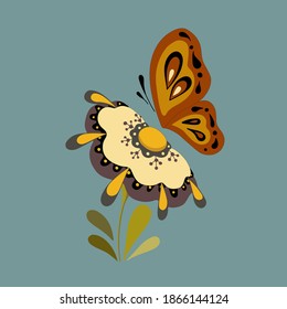 Mariposa con flor. Flor floreciente y mariposa. Bellos detalles pequeños sobre las alas y pétalos.  Ilustración para tarjeta de saludo, impresión, camiseta, insecto volador sobre la flor, ilustración plana vectorial.