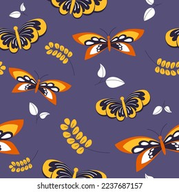 Butterfly and flower branches, wildlife insects and foliage, leafage and leaves of shrubs or bushes. Nature and botany. Seamless pattern or wallpaper, background or print. Vector in flat style