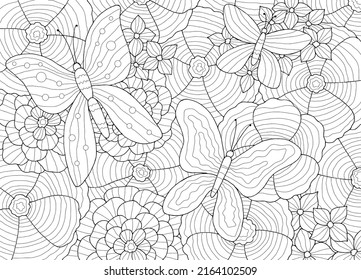 Butterfly flower coloring graphic black white sketch illustration vector