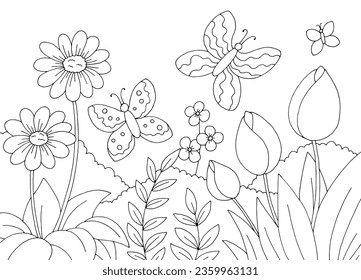 Butterfly flower coloring graphic black white sketch illustration vector 