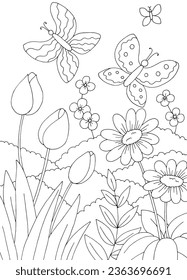 Butterfly flower coloring graphic black white sketch vertical illustration vector 