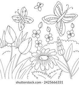 Butterfly flower coloring graphic black white sketch illustration vector 