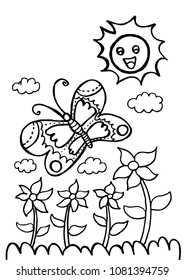 butterfly and flower, coloring page.